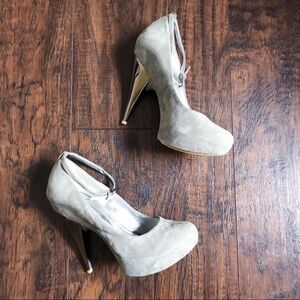 Giuseppe Zanotti • grey suede platform pumps heels ankle strap cone heel silver